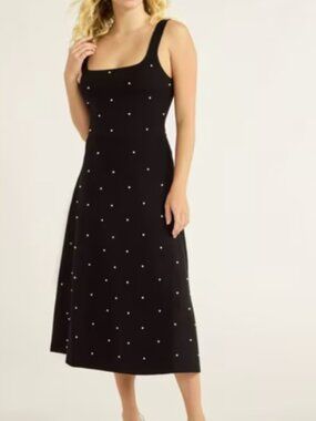 Free Assembly Black Pearl-Embellished Square-Neck Midi Sweater Dress